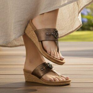 UGG Briella Pony Brown Bronze Wedge Thong Sandal, Size 10